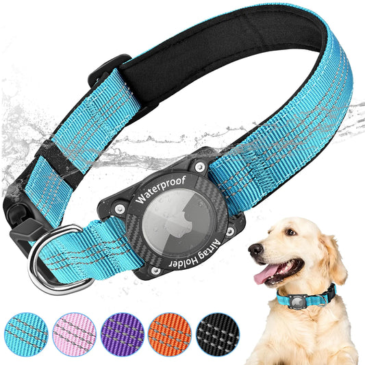 PawPilot Airtag Dog Collar Apple Airtag Holder for Reflective Dog Collar Waterproof Nylon Dog Collar for Apple Air Tag GPS Tracker Pet Collar for Small Medium Large Dogs Blue S
